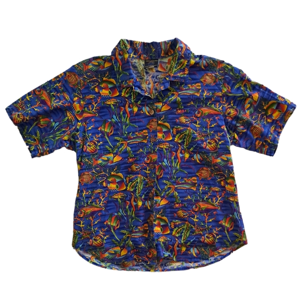 Toucan Dance blue multicolored aquatic fish short Sleeve button down shi…